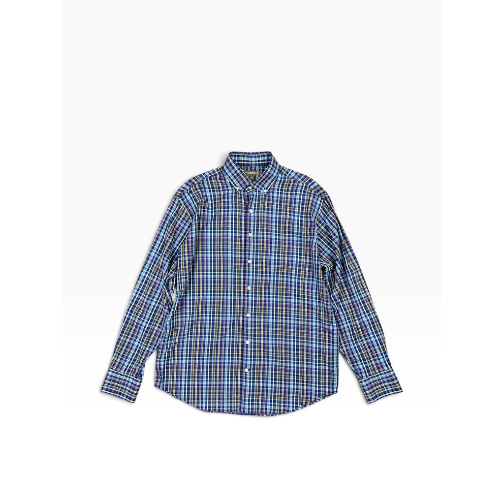 Peter Millar Summer Comfort Plaid Long Sleeve Shirt in Light Blue, Blue, Purple, Tan, White — Size Large // Preowned