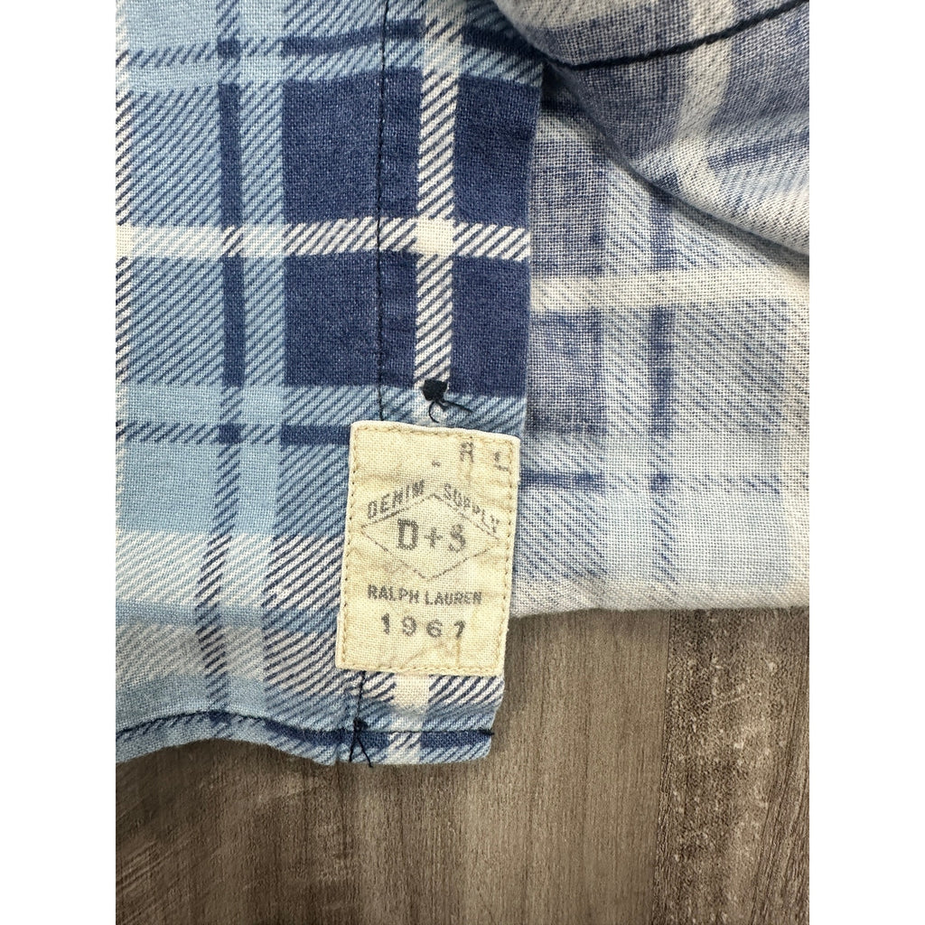 Ralph Lauren Denim and Supply Flannel Plaid Long Sleeve Pearl Snap Button Down in Blue Light Blue White — Size Large // Preowned