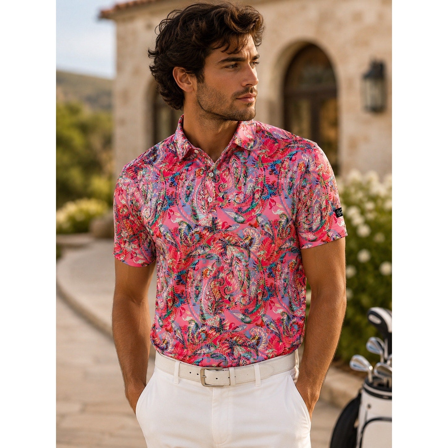 Sunday Swagger Bright Pink Paisley Golf Polo in Pink Multi — Size XL // Preowned