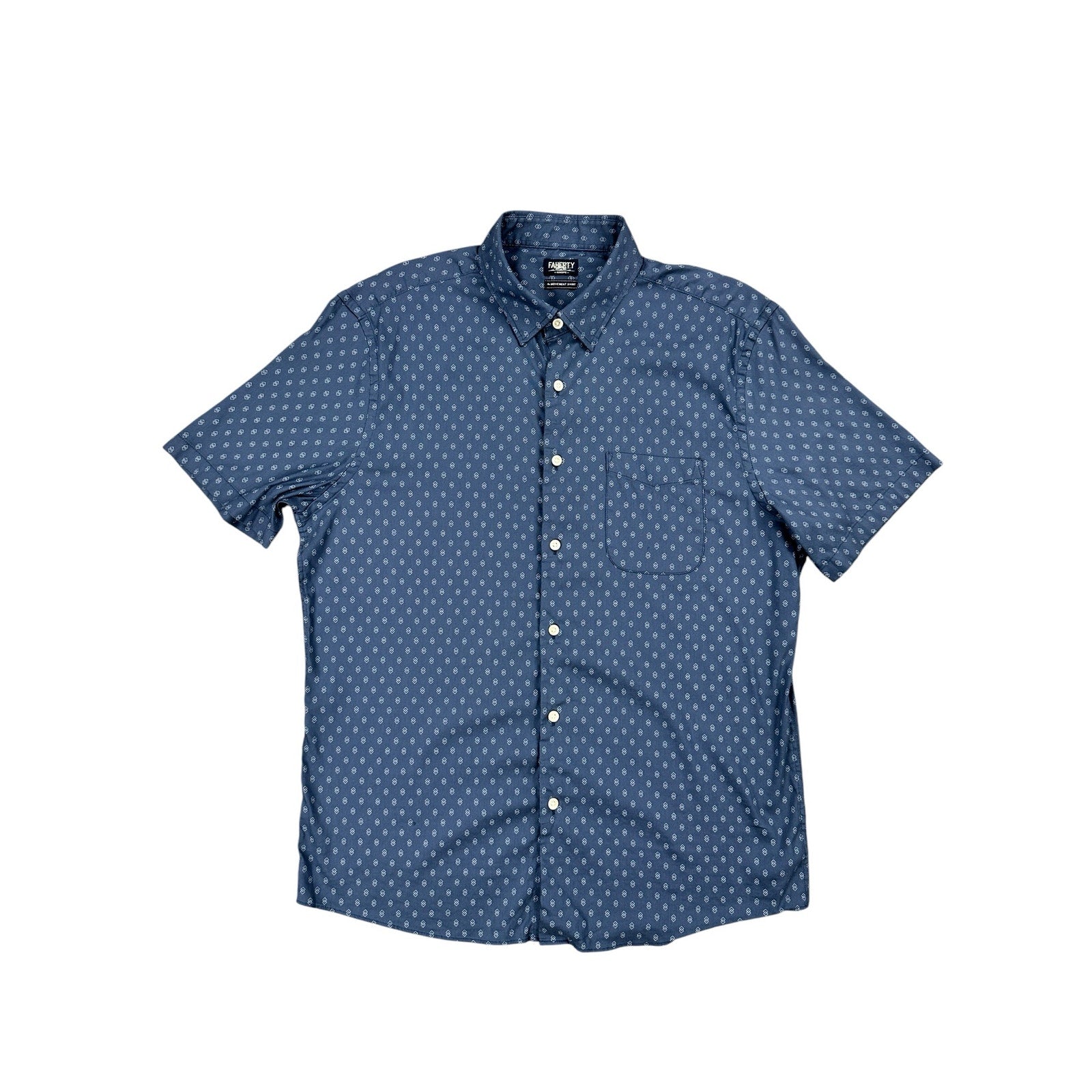 Faherty Movement Monterey Short Sleeve Button Down in Navy Dusk Diamond — Size Large // Preowned