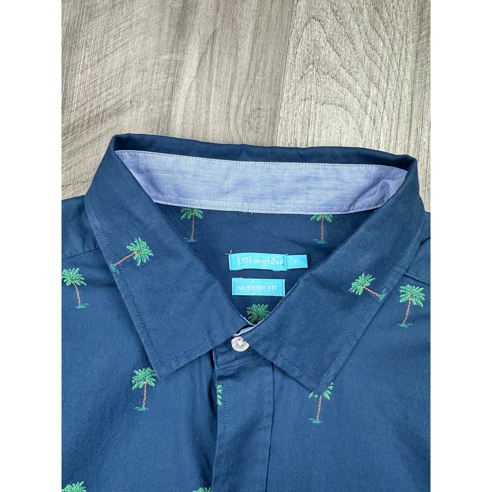 J. McLaughlin Gramercy Palm Trees Modern Fit Long Sleeve Shirt in Navy — Size Large