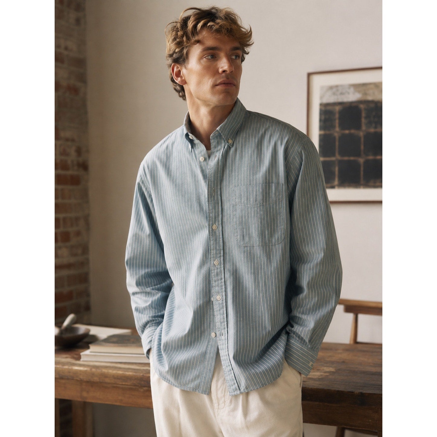 JW Anderson x UNIQLO Striped Oxford Oversized Long Sleeve Shirt in Blue, Green, White — Size XS // Preowned