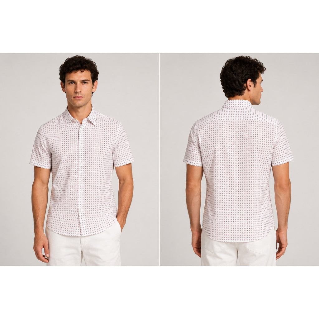 BOSS Slim Fit Ink Squares Short Sleeve Button Down in White with Red Squares — Size Large // Preowned