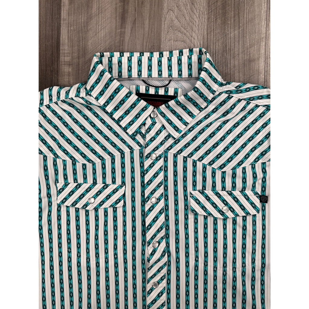 Rock & Roll Denim TEK Core Striped Short Sleeve Western Pearl Snap Shirt — Size Medium // Preowned