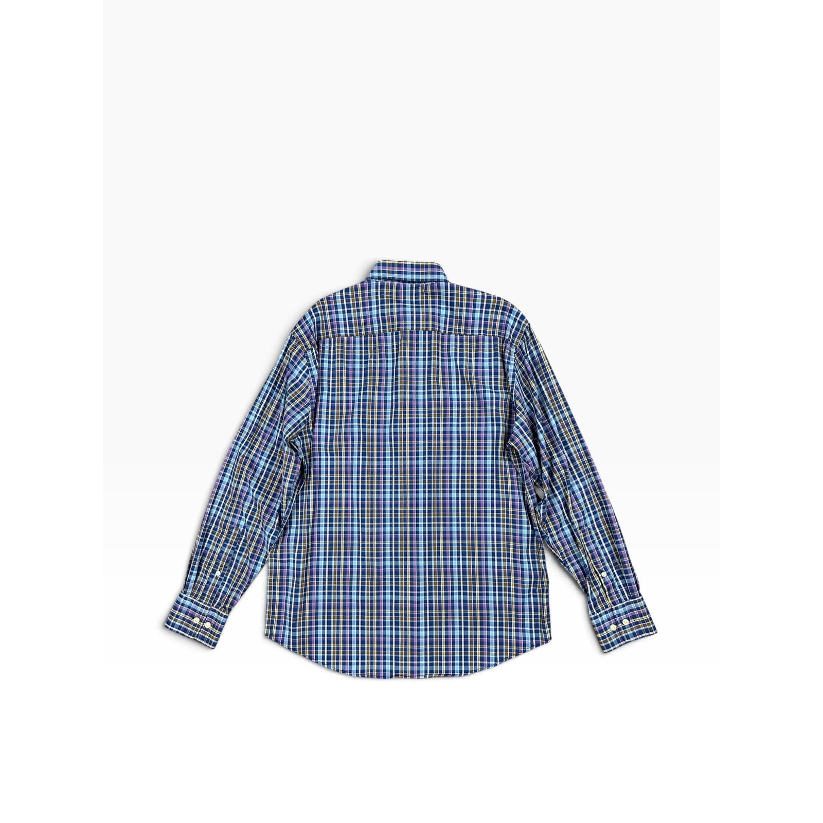 Peter Millar Summer Comfort Plaid Long Sleeve Shirt in Light Blue, Blue, Purple, Tan, White — Size Large // Preowned