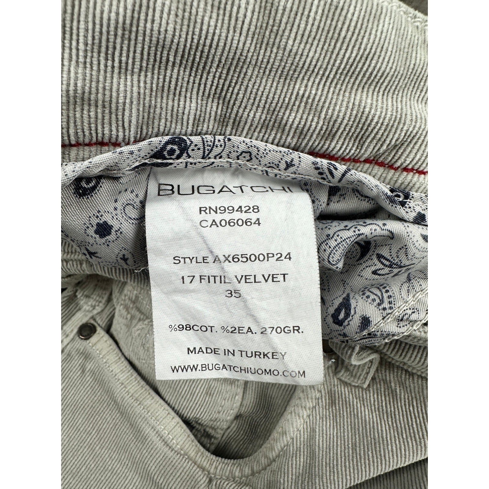 Bugatchi Fitil Velvet Corduroy Straight Pants in Stone — Size 35 // Preowned
