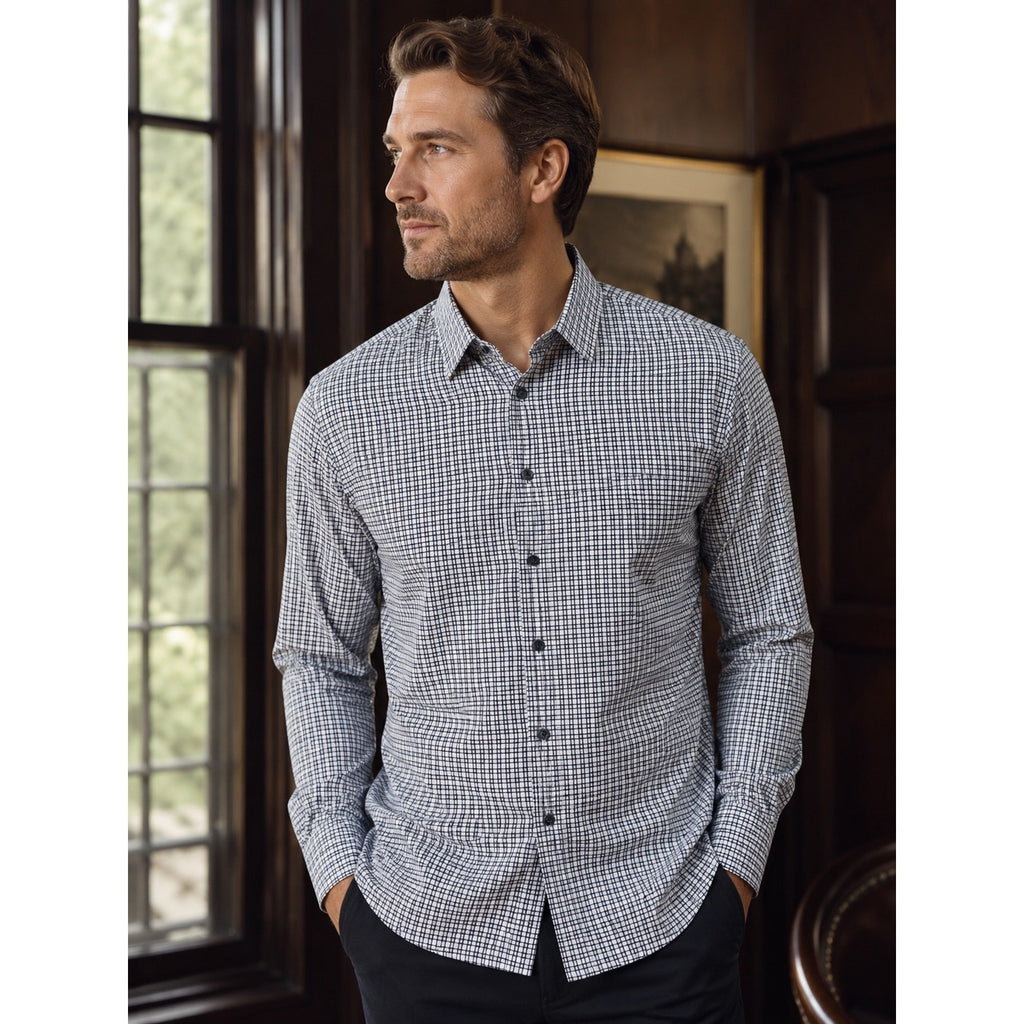 Mizzen+Main Monaco Trim Plaid Performance Long Sleeve Button Down in Navy Light Blue White — Size 2XL // Preowned
