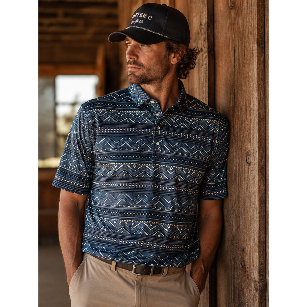 Rafter C Southwestern Print Pearl Snap Golf Polo in Gray Maroon Tan White Black Orange — Size XL // Preowned