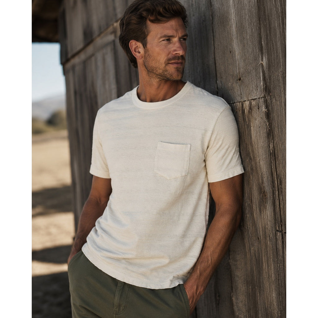 Buck Mason Vintage Jacquard Textured Stripe Pocket Tee in Cream — Size Large // Preowned