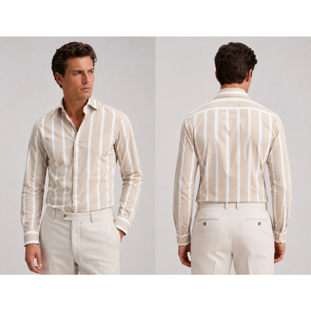 Suitsupply Albini 1876 Egyptian Cotton Extra Slim Fit Casual Long Sleeve Shirt in Tan and White — Size 14.5/15 // Preowned