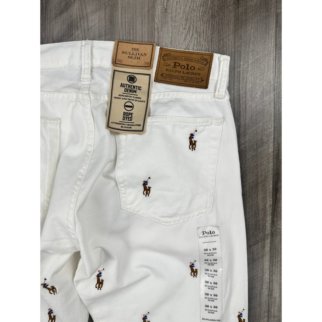 Polo Ralph Lauren All Over Pony Print The Sullivan Slim Jeans in White — Size 30x30