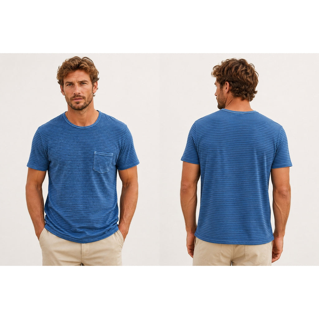 Marine Layer Heavy Slub Striped Pocket Tee in Coronet Blue Stripe — Size Larger (L/XL)