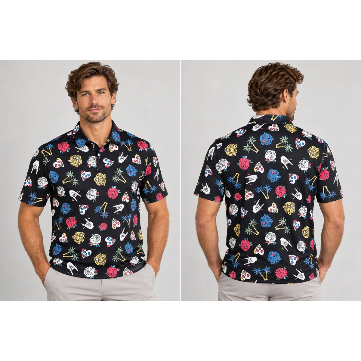 Devereux Golf Freestyle Skull Tiger Roses Performance Polo — Size Medium