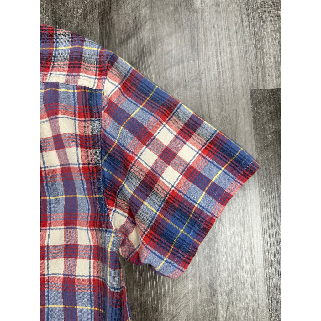 A.P.C. Madras Plaid Short Sleeve Button Down Shirt in Blue Red Ivory Yellow — Size Large // Preowned