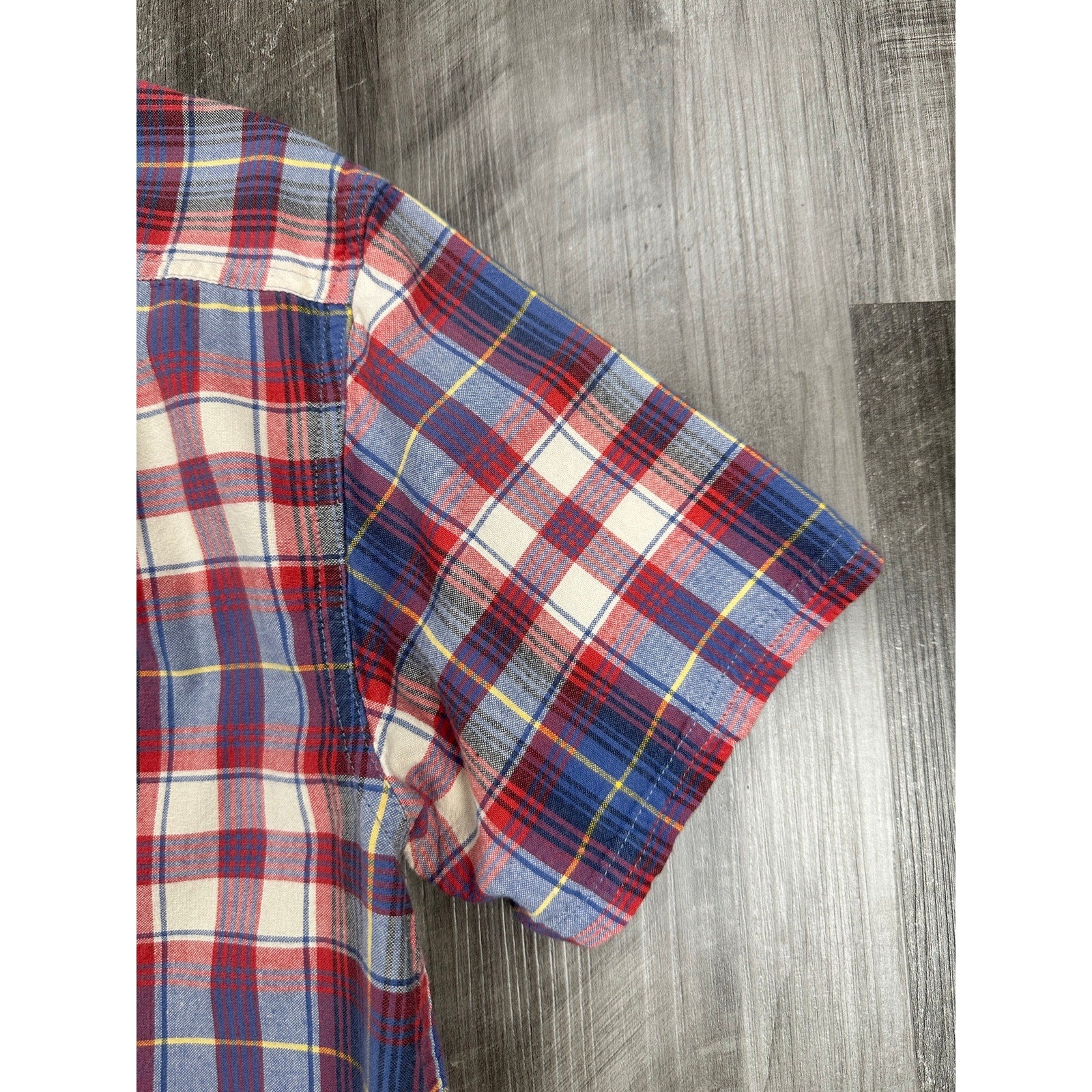 A.P.C. Madras Plaid Short Sleeve Button Down Shirt in Blue Red Ivory Yellow — Size Large // Preowned
