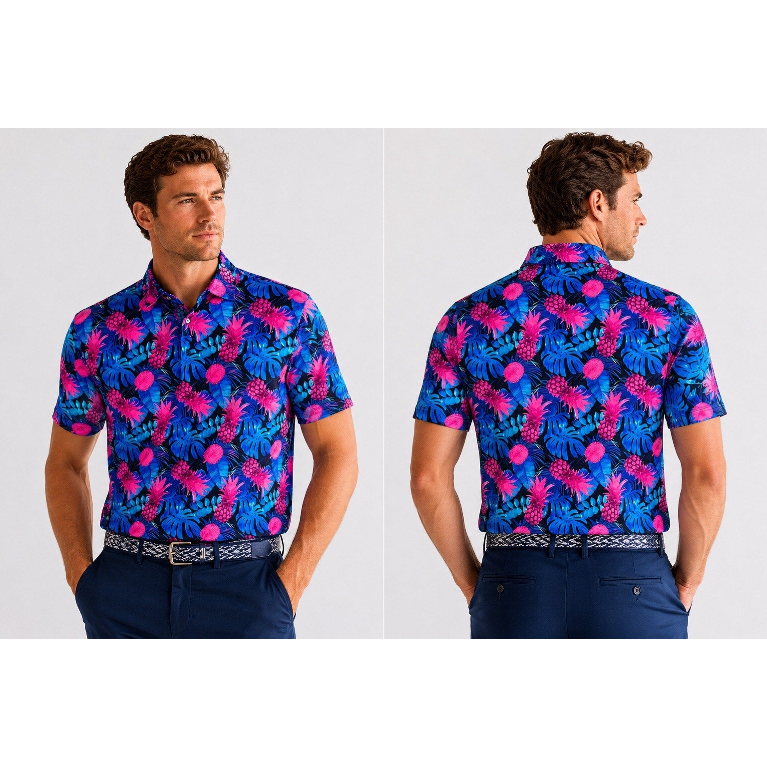 1764 Signature Pink Ananas Hawaiian Pineapple Golf Polo in Black — Size Medium