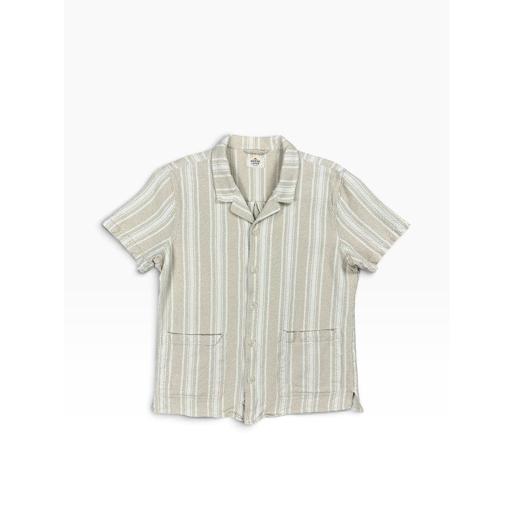 Marine Layer Natural Vertical Stripe Short Sleeve Woven Camp Shirt in Natural Tan, White — Size Medium // Preowned
