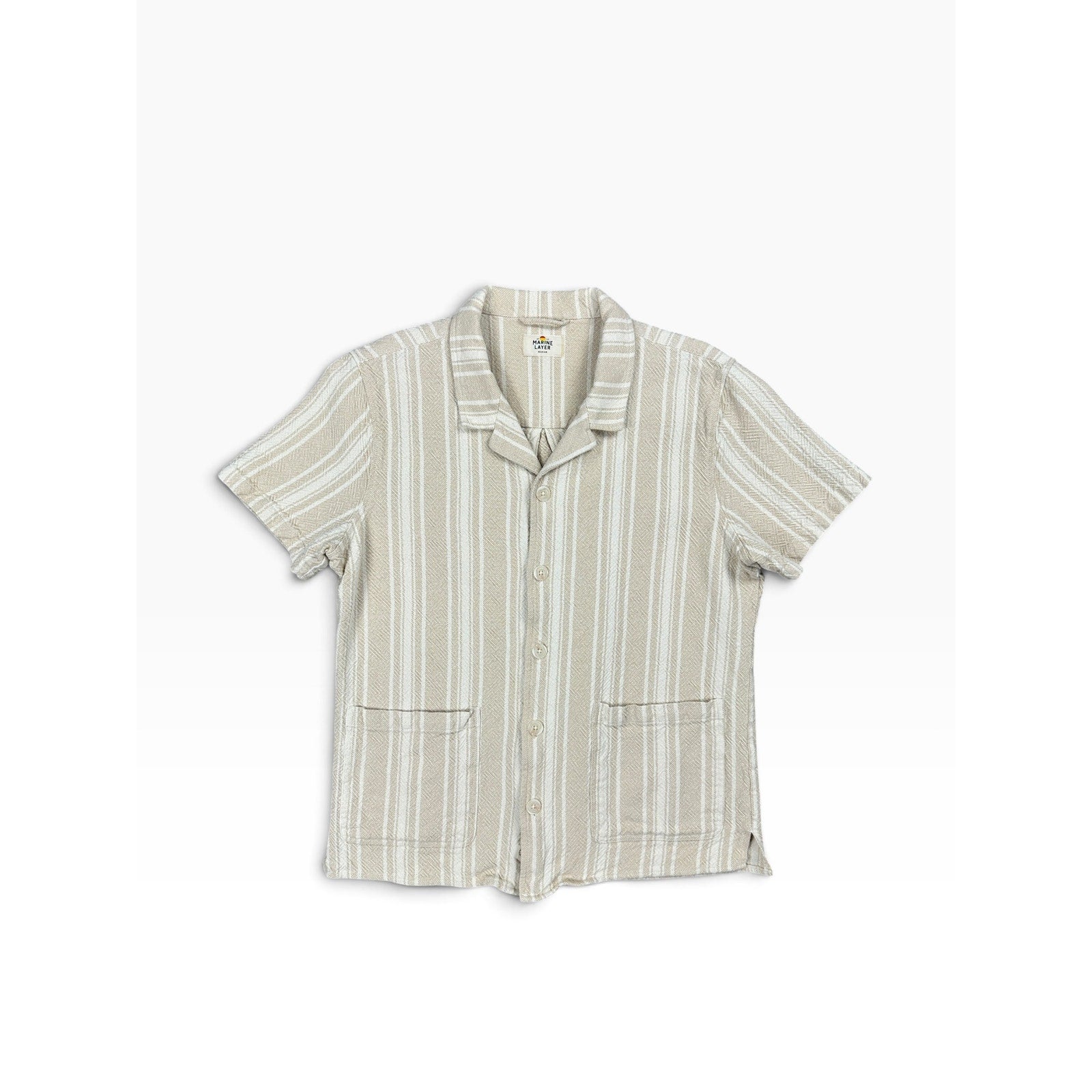 Marine Layer Natural Vertical Stripe Short Sleeve Woven Camp Shirt in Natural Tan, White — Size Medium // Preowned