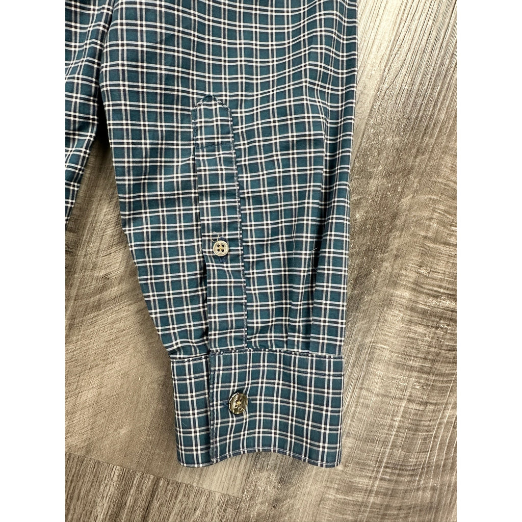 7 For All Mankind Plaid Long Sleeve Button Down in Dark Green Midnight and White — Size Medium // Preowned