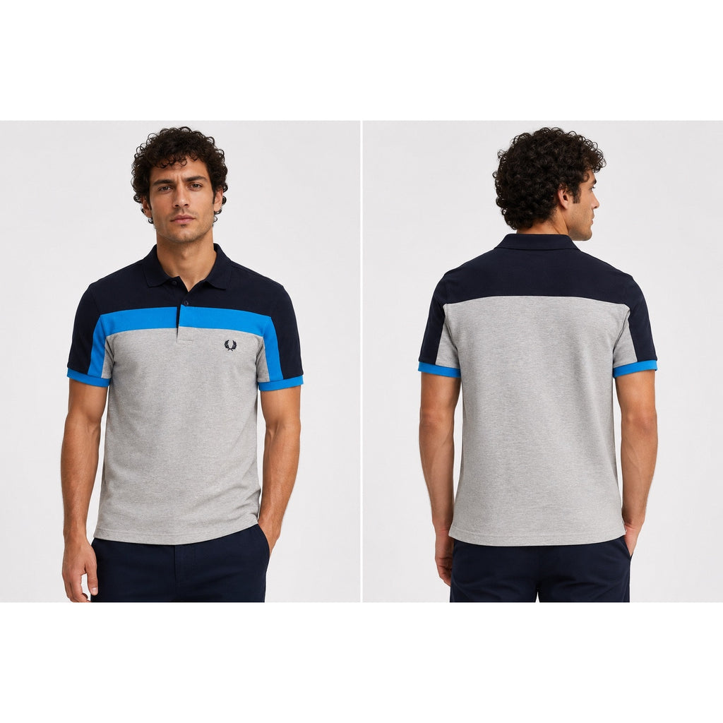 Fred Perry Slim Fit Colorblock Pique Polo in Navy Blue Gray — Size XL // Preowned