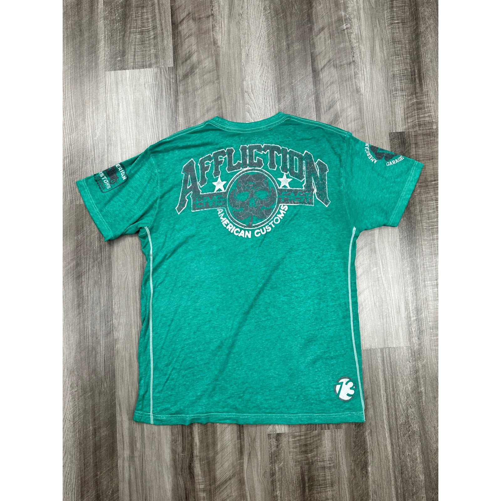 Affliction American Customs Live Fast Get Lucky Graphic Tee Green  — Size XL