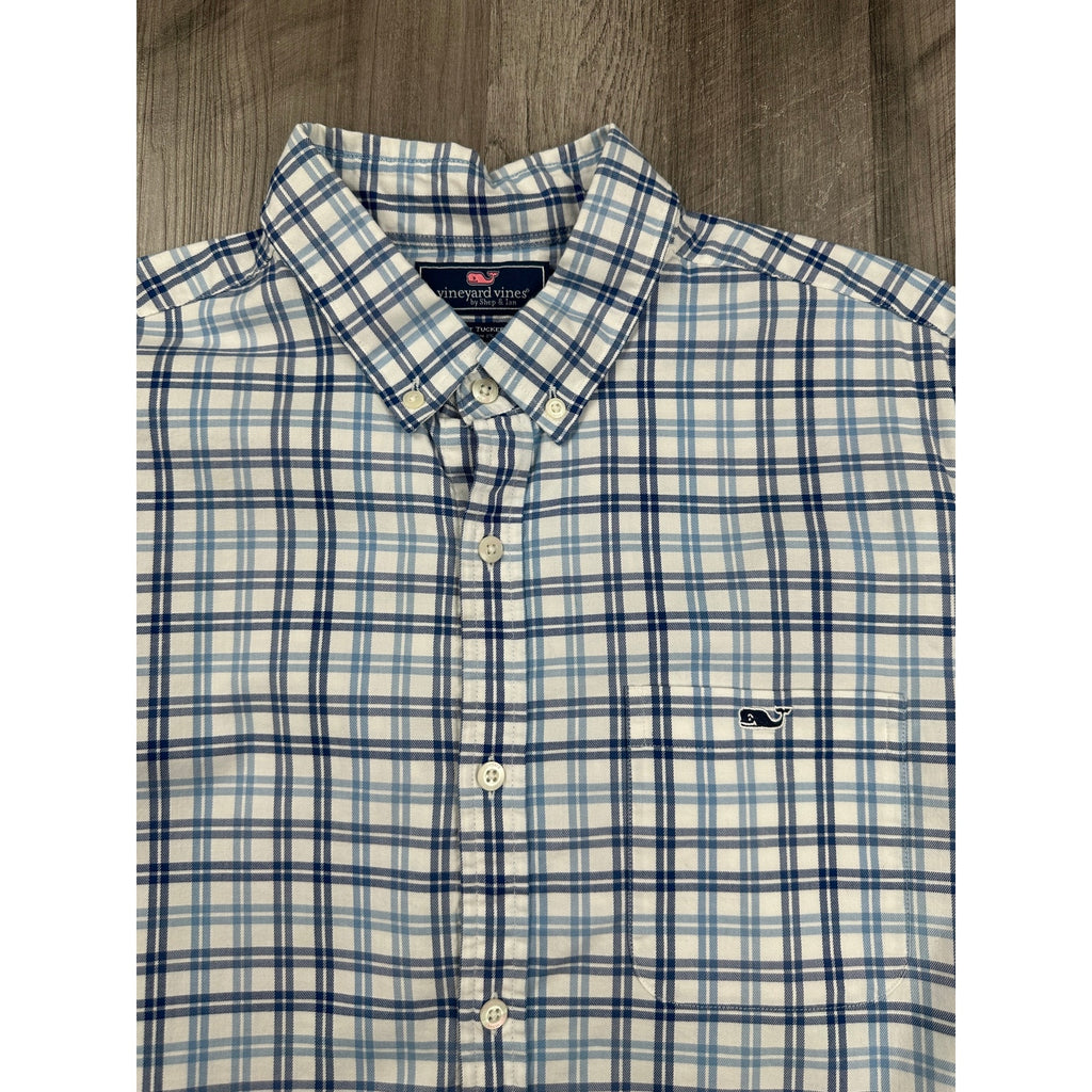 Vineyard Vines Slim Fit Tucker Shirt in Light Blue Navy White Plaid — Size Large