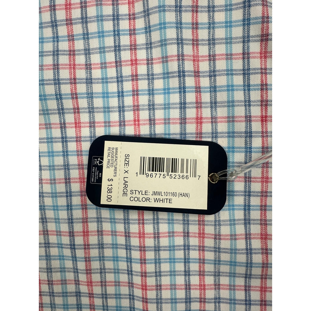 Johnnie-O Han Everyday Performance Long Sleeve Button Down in White with Pink, Navy and Blue — Size XL