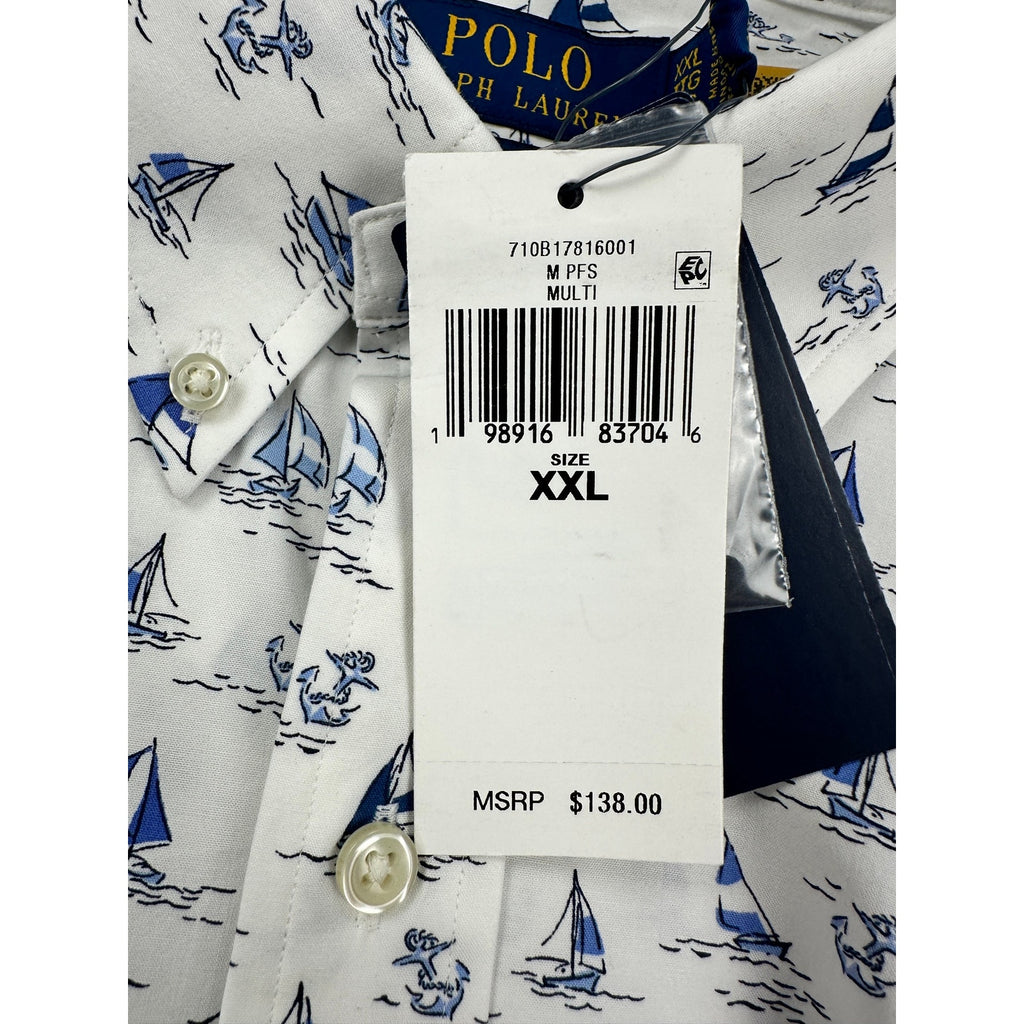 Polo Ralph Lauren Classic Fit Sailboat Anchor AOP Long Sleeve Shirt in White Blue — Size 2XL