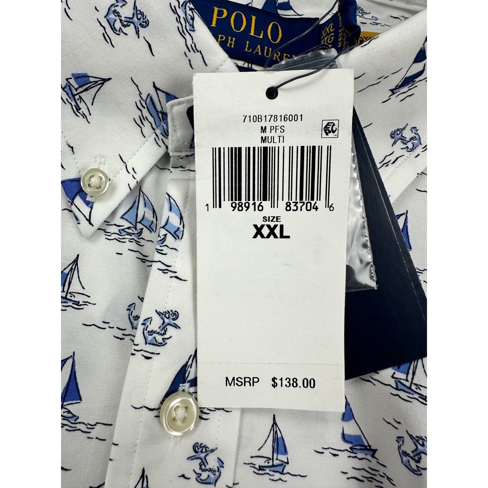 Polo Ralph Lauren Classic Fit Sailboat Anchor AOP Long Sleeve Shirt in White Blue — Size 2XL