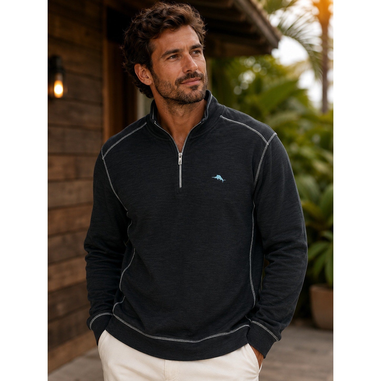 Tommy Bahama Montego Beach Mock Neck Quarter Zip Pullover in Black — Size 2XL // Preowned