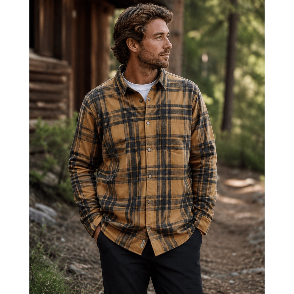 Vuori Range Flannel Shirt Jacket in Tan, Black — Size XL // Preowned