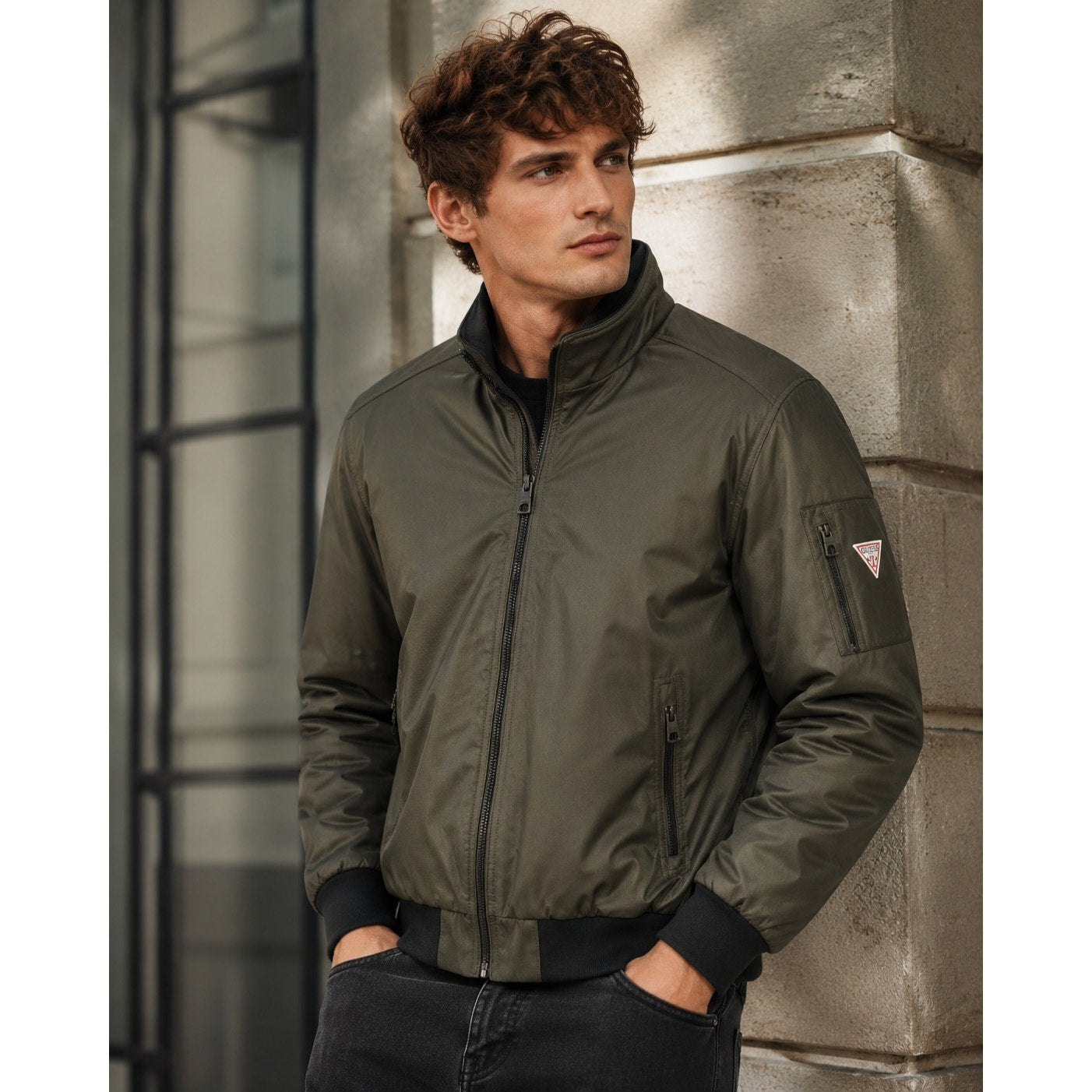 Guess Quilt Lined Full Zip Jacket in Olive Green Black — Size XL // Preowned