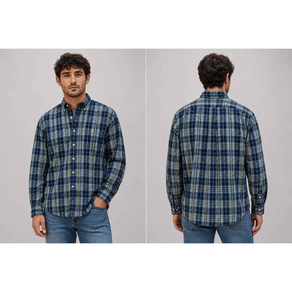 Ralph Lauren Vintage Classic Fit Flannel Plaid Long Sleeve Button Down in Navy Blue Yellow and White — Size Large // Preowned
