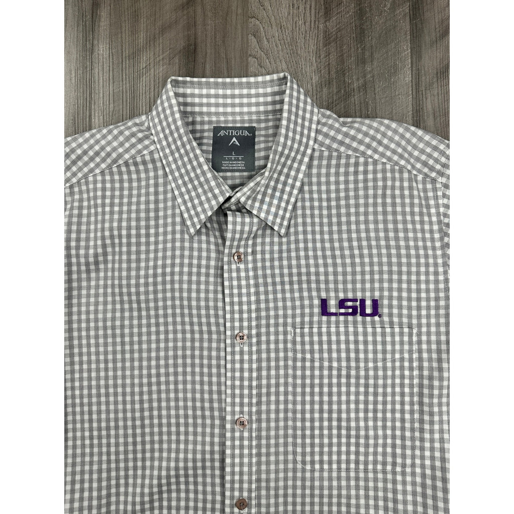 Antigua LSU Tigers Structure Checkered Long Sleeve Button Down in Gray White — Size Large // Preowned