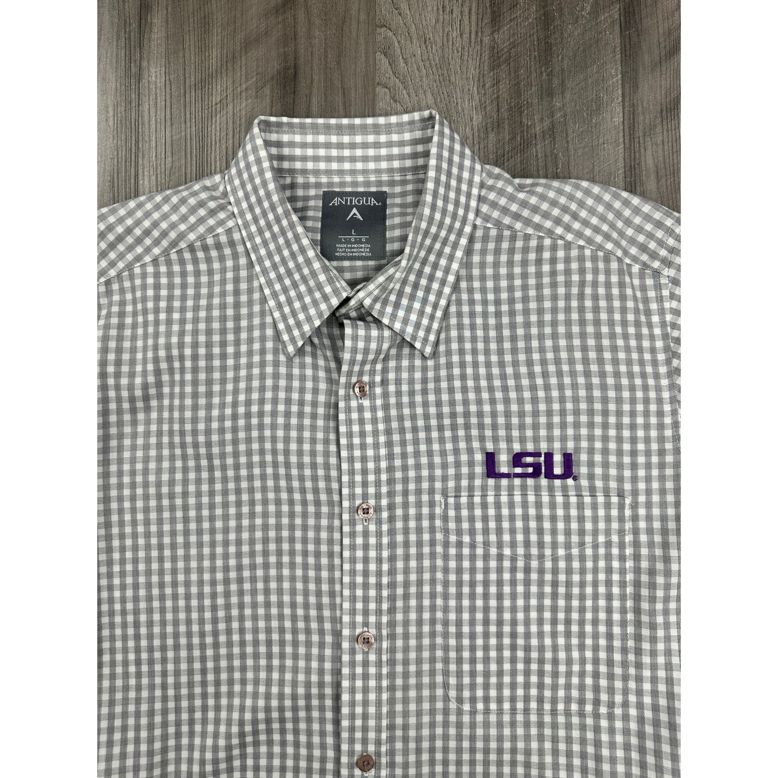 Antigua LSU Tigers Structure Checkered Long Sleeve Button Down in Gray White — Size Large // Preowned