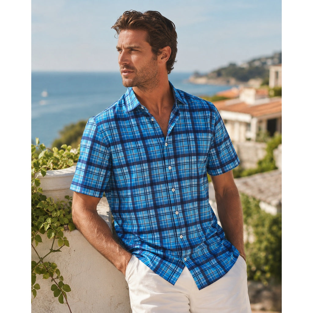 Bugatchi Plaid OoohCotton 8 Way Stretch Short Sleeve Shirt in Classic Blue — Size Medium