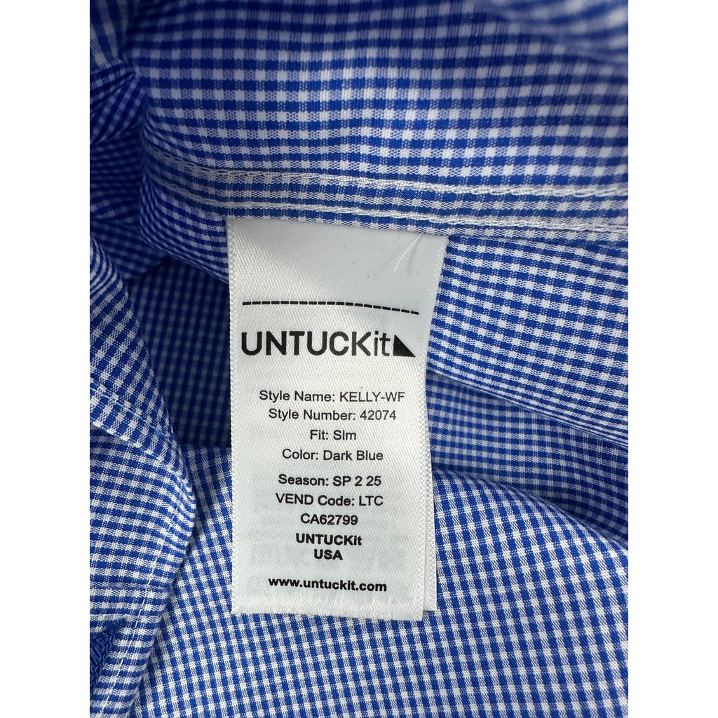 UNTUCKit Kelly Micro Check Slim Fit Wrinkle Free Long Sleeve Shirt in Dark Blue, White — Size Medium // Preowned