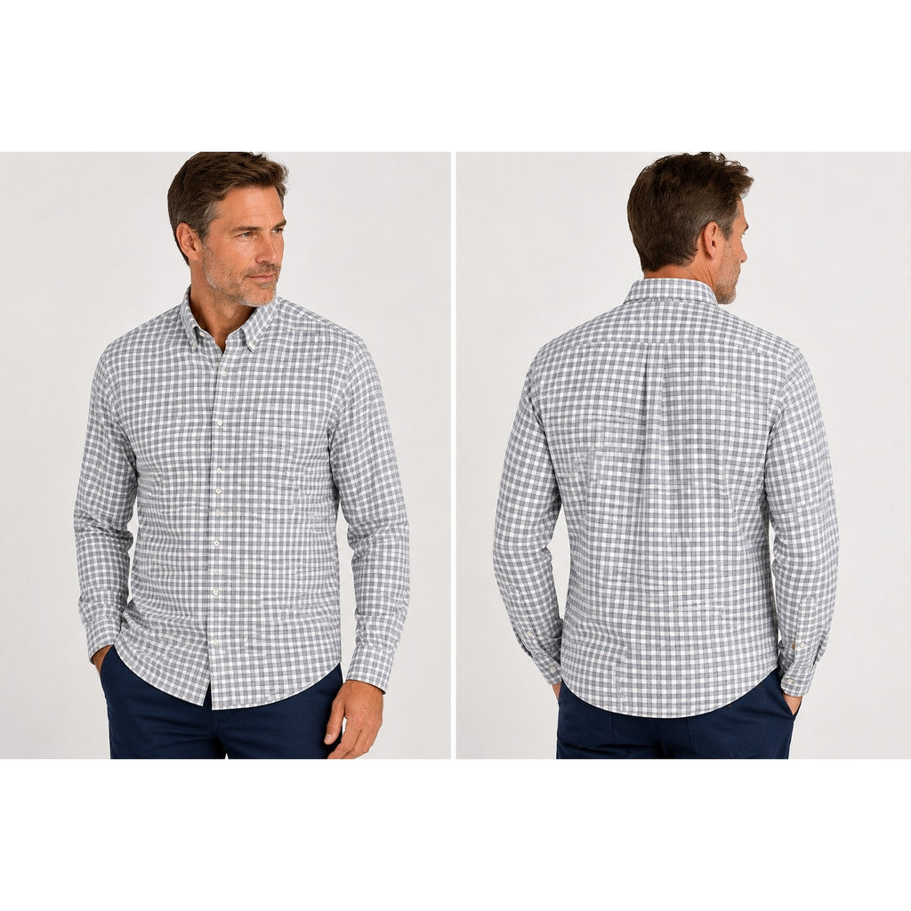 Johnnie-O Allworth Performance Checkered Long Sleeve Button Down in Light Gray — Size XL