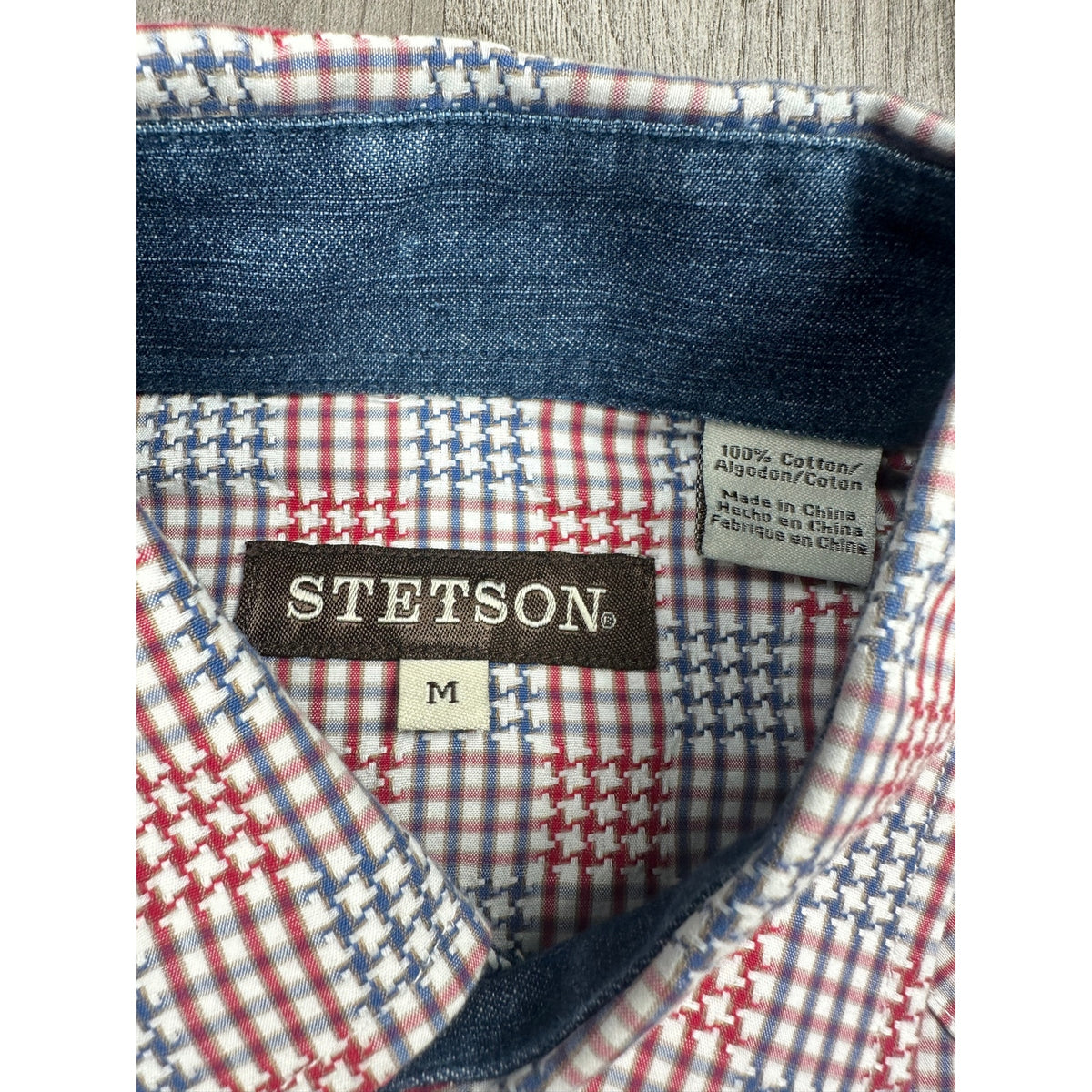 Stetson Western Patriotic Plaid Long Sleeve Pearl Snap Shirt — Size Medium // Preowned