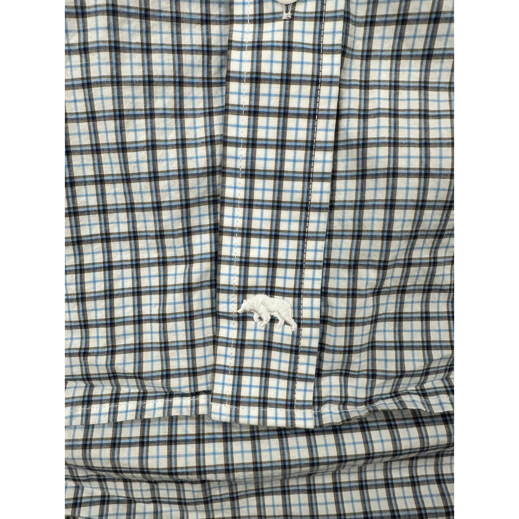Onward Reserve Tailored Fit Plaid Long Sleeve Button Down in White, Blue, Navy and Dark Tan — Size XL // Preowned