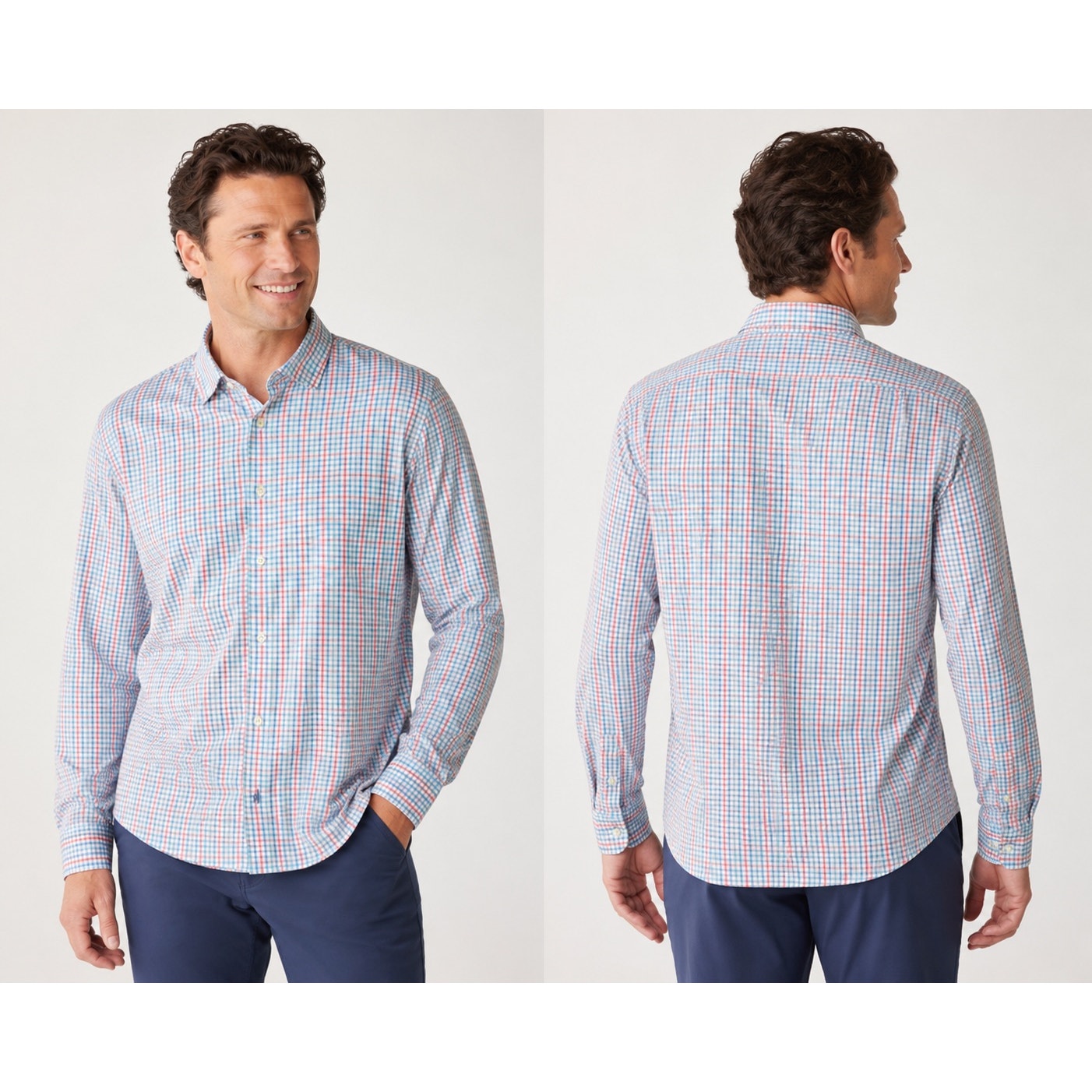 Johnnie-O Han Everyday Performance Long Sleeve Button Down in White with Pink, Navy and Blue — Size XL