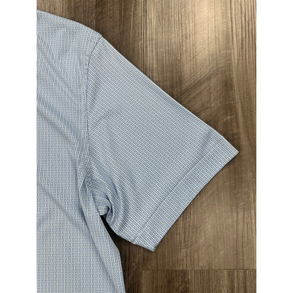 Peter Millar Featherweight UPF 50+ Golf Polo in Blue Green and White Geo Print — Size Small // Preowned