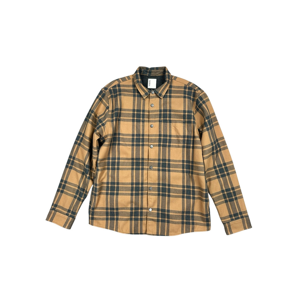 Vuori Range Flannel Shirt Jacket in Tan, Black — Size XL // Preowned