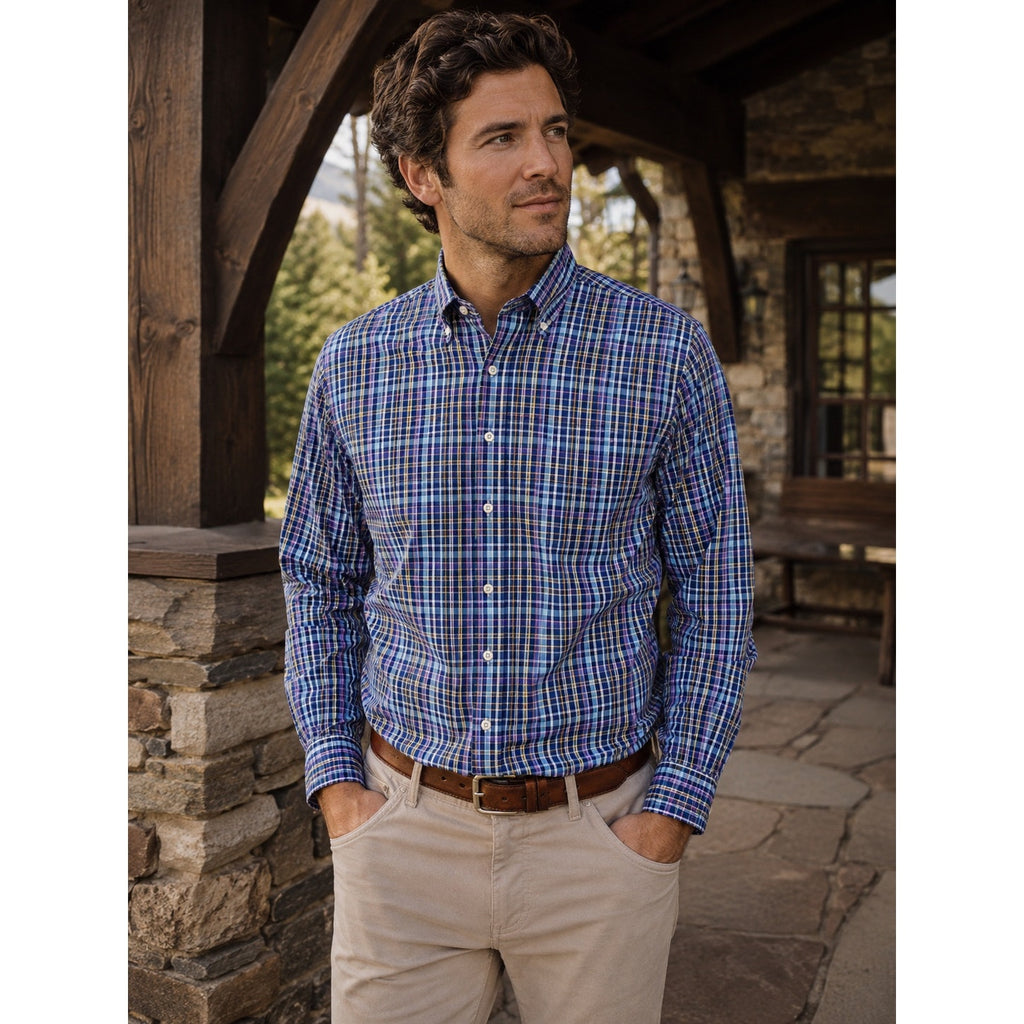 Peter Millar Summer Comfort Plaid Long Sleeve Shirt in Light Blue, Blue, Purple, Tan, White — Size Large // Preowned