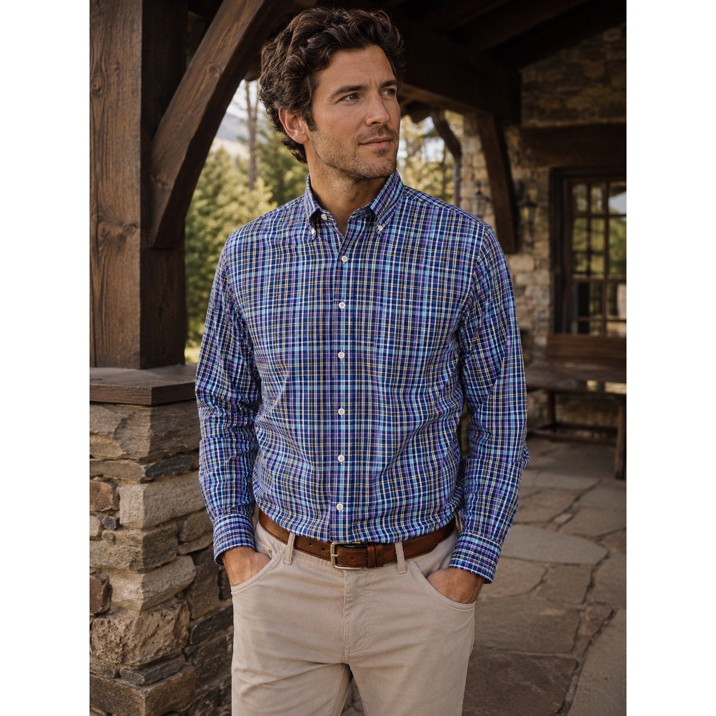 Peter Millar Summer Comfort Plaid Long Sleeve Shirt in Light Blue, Blue, Purple, Tan, White — Size Large // Preowned