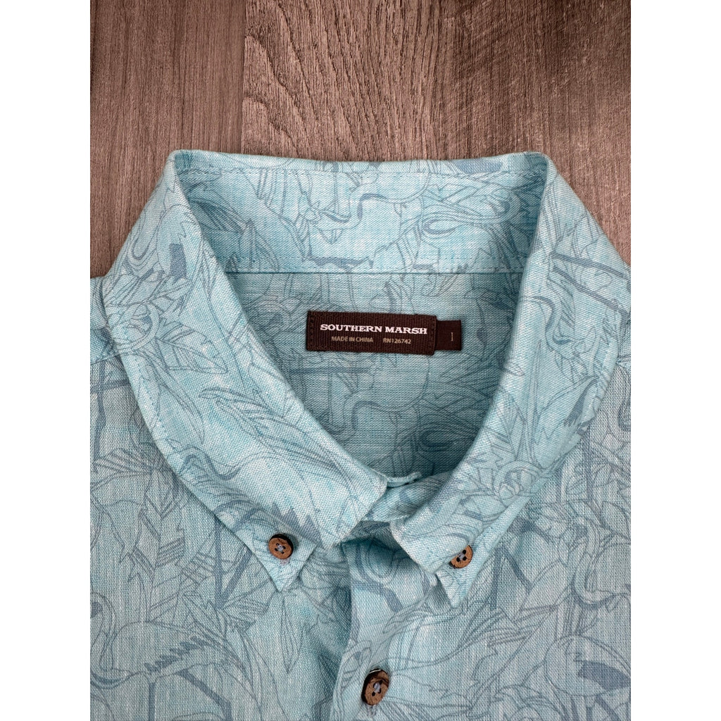 Southern Marsh Flamingos Linen Blend Short Sleeve Shirt in Light Blue — Size XL // Preowned