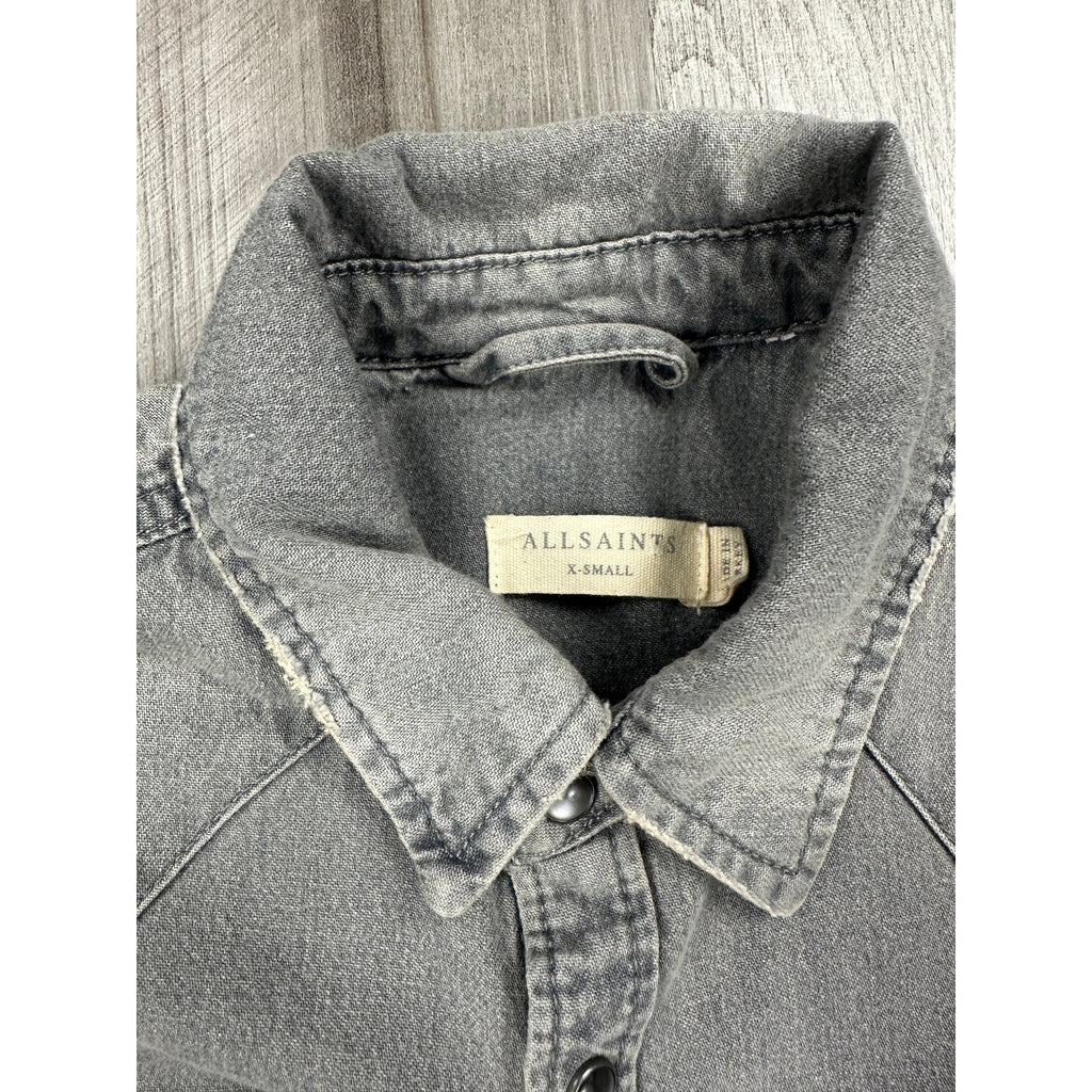 Allsaints Gino Distressed Denim Long Sleeve Pearl Snap in Gray — Size XS // Preowned