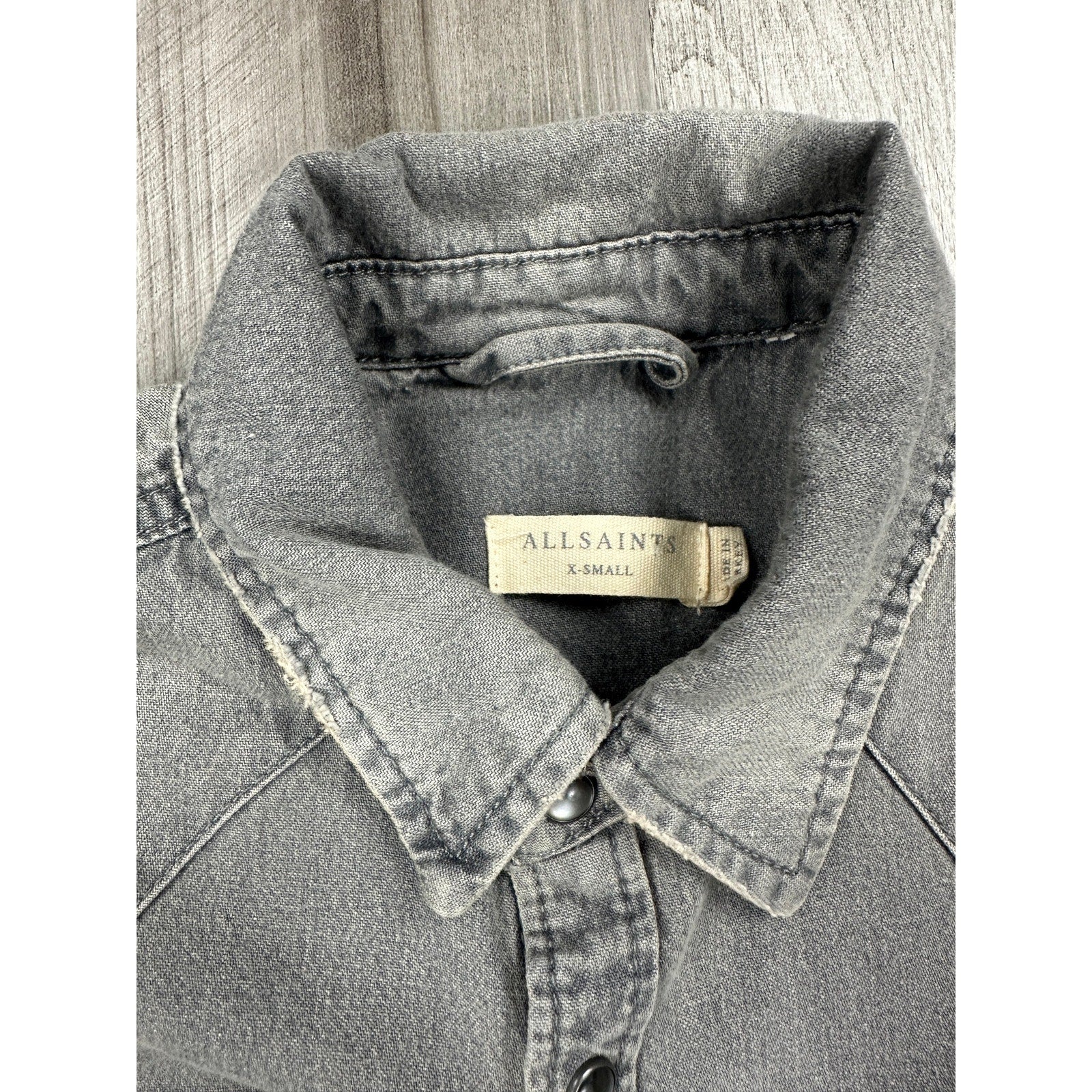 Allsaints Gino Distressed Denim Long Sleeve Pearl Snap in Gray — Size XS // Preowned