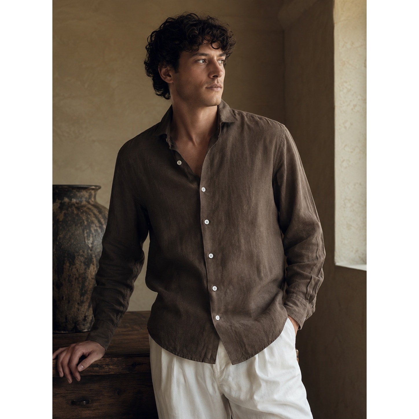 Luca Avitabile Handmade Shirts Brown Linen Long Sleeve Button Down - Large