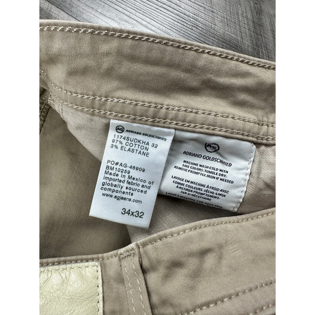 AG Adriano Goldschmied Graduate Tailored Leg Sueded Stretch Sateen Chino Jean in Khaki — Size 34x32 // Preowned